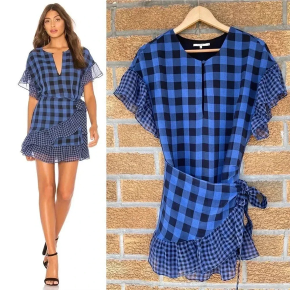 Tularosa Jenny Blue And Black Buffalo/gingham Plaid Wrap Mini Dress medium - Picture 1 of 15